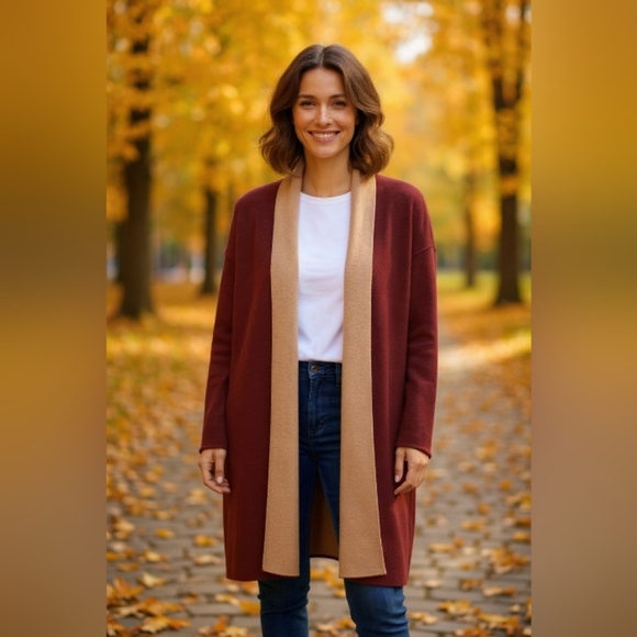 Chic Burgundy and Tan Women's Cardigan - Picture 1 of 14